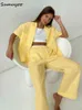 Women's Tracksuits Sumuyoo Summer Casual Track Suits Women Bright Yellow Thin Blouses 2 Pieces Baggy Pants Suits Vacation Female Outfits 2022 T220827 T220830