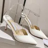 2022 최신 디자이너 샌들 뾰족한 발가락의 라인 스톤 발목 스트랩 8.5cm 하이힐 특허 가죽 검은 누드 백인 여성 신발 펌프 파티 신발과 상자 SZ 35-42