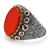 Cluster Anneaux Mode Vintage Argent Couleur Texture Rouge Ovale Pierre Anneau Pour Hommes Punk Personnalité Bijoux Cadeau