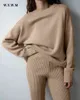 Women's Tracksuits WYWM Winter Thick Set Women Knitted 2 Pieces Suit New O-neck Sweater Pit Streaks High Waist Loose Pants Soft Outwear Tracksuit T220827 T220830