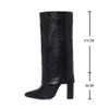 Boots 2020 New Genuine Leather Women Black Fold Knee High Heel Pointed Toe Long Female Square Chaussure Femme 220901
