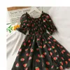 Strawberry Dress Sexiga klänningar för kvinnor Deep v Puff Sleeve Robe Femme Kawaii276u