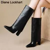 Boots 2020 New Genuine Leather Women Black Fold Knee High Heel Pointed Toe Long Female Square Chaussure Femme 220901