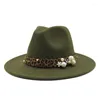 Boinas fedoras de lã de inverno para mulheres largura chapéu de feltro ladras tweed exército jazz green tap feminino leopardo elegante torta de porco