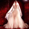 Роскошная русалка элегантное свадебное платье с длинным рукавами глубоко v Шея 3D кружевные аппликации блестки бусины.