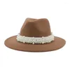 Bérets femmes chapeaux hiver large bord bande ceinture perle Panama Fedora formel blanc rose luxe feutré Sombreros De Mujer