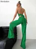 Women's Tracksuits Bornladies 2022 Autumn Casual Women Suit Green Blazer Tube Top Bubble Wrinkle Strip High Waist Wide Leg Pants 3-piece Suit T220827 T220830