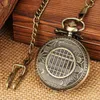 Montres de poche Chiffres romains Cadran Quartz Montre Bronze Exquis Fenêtre Relief Motif Collier Fob Chaîne Montre Vintage Cadeau