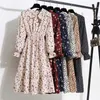 Casual klänningar 2022 blommor tryck kvinnor klär kvinnlig höst långärmad vintage chiffong bindning nacke office lady shirt sommar vestidos