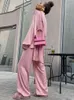 Kvinnors träningsdräkter BornLadies 2022 Women 2 Piece Set Pink Satin Elegant Loose Long Sleeve Top High midje Casual Wide Ben Pants Suit T220827 T220830