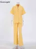 Women's Tracksuits Sumuyoo Summer Casual Track Suits Women Bright Yellow Thin Blouses 2 Pieces Baggy Pants Suits Vacation Female Outfits 2022 T220827 T220830