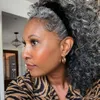 Extens￣o de cabeleireiro de rabo de cavalo cinza afro -americano Extens￣o real de cabelo humano de cabelo humano prata cinza grisalho de grama para mulheres negras 140g
