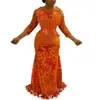 Robes de bal de sirène de velours de dentelle africaine pure cou manches longues robes de soirée de style Aso Ebi
