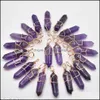 Charms Amethyst Stone Pillar Shape Point Pendum Charms Handmade Gold Color Iron Wire Pendants For Fashion Jewelry Making Wholesale Dr Dh1Tc