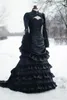 Vintage Victoriaanse trouwjurk zwarte drukte historische middeleeuwse gotische bruidsjurken hoge nek lange mouwen corset winter cosplay maskerade jurken 2022