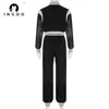 Women's Tracksuits INGOO Sexy E Girl Two Piece Set Fashion Letter Stitching PU Leather Baseball Bomber Jacket Sweatpants Set Women Street Clothing T220827 T220830