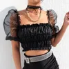 Chemisiers pour femmes chemises pour femmes maille transparente manches bouffantes Blouse Crop noir hauts de fête femmes été court Streetwear Sexy fille