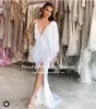 Abito da sposa Fivsole Principessa Abiti con scollo a V Spacco sulle gambe Abiti da sposa Senza maniche Paillettes scintillanti Dubai Sposa Abiti da Noiva