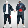 Men's Tracksuits Samurai Men Tradicional Homem Kimono Anime Cardigan e calças Cardigã de estampa de sol chinês