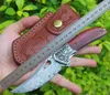 1Pcs R9501 Flipper Folding Knife Damascus Steel Drop Point Blade Rosewood with Steels Head Handle Ball Bearing Folder Knives with Leather Sheath