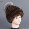 Bonnet en vraie fourrure de vison pour femme, bonnet avec pompon en fourrure de renard, couvre-oreilles d'hiver, casquette Skullies