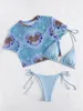 2022 costume da bagno bikini con taglio brasiliano a maniche corte in rete sexy da donna costume da bagno stampato in 3 pezzi