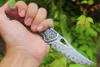 1Pcs R9501 Flipper Folding Knife Damascus Steel Drop Point Blade Rosewood with Steels Head Handle Ball Bearing Folder Knives with Leather Sheath
