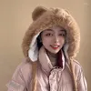 Boinas 2022 Sombreros de bombardero de invierno para mujeres Orejas de oso Chicas lindas Soft Waxy Plush Cap Protección cálida Mujer Lei Feng Hat Student Snow