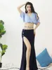 Stage Wear Summer Belly Dance Practice Suit Set Solid Color Sexy Top Mesh Jupe Hip Scarf Long