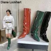 Laarzen groene vrouwen wig vouw knie hoge laars vrouwelijke teen wiggen lange vrouw slanke geplooide schoenen botas mujer 42 220901