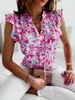 Damenblusen, Sommer-Batik-Bluse, Damen, sexy Spitze, V-Ausschnitt, Rüschenärmel, Aufdruck, rosa Pullover, Top, Damen, Bürokleidung, lässig, locker