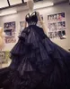 Black Gothic Prom Party Dresses with Corset Tiered Ruffles Puffy Tulle lace-up Evening Formal Dress Pageant Bridal Gowns