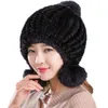 Real Mink Fur Hat Women Winter Warm Earmuffs Hat Fox Fur Pompom Ski Cap
