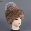 Bonnet en vraie fourrure de vison pour femme, bonnet avec pompon en fourrure de renard, couvre-oreilles d'hiver, casquette Skullies