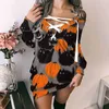 Halloween Prints Robes Femmes Casual Sweat Dress Off Épaule Bretelles Manches Longues Lâche Mini Robes De Soirée