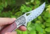 1Pcs R9501 Flipper Folding Knife Damascus Steel Drop Point Blade Rosewood with Steels Head Handle Ball Bearing Folder Knives with Leather Sheath