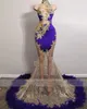 Seksi Mor Denizkızı Gece Elbise 2023 Tüyler Altın Boncuklar Aso Ebi Doğum Günü Partisi Elbise Resmi Gowns Robe De Bal Özel Yapım