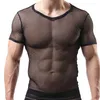 Maillots de corps hommes manches courtes maille T-Shirts col en V voir à travers Camisetas lutte Sexy Transparent Tee hauts chemises en résille