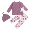 Set di abbigliamento bambina 3pcs abiti autunnali primaverila molla a maniche lunghe a costola da maglia da maglietta floreale set di pantaloni floreali