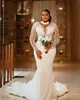 Plus Size Arabic Aso Ebi Mermaid Wedding Dress Sheer Neck Long Sleeves Sexy Bridal Gowns Dresses