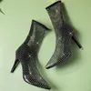 Summer Bling Bling Boots Rhinestone Mesh PVC Pointed Toe Sandals Ankle Boots Stiletto High Heels Female Crystal Shoes