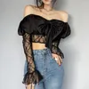 القمصان النسائية Xuxi Square Square Lace Stitching Thin Top Women Top Load Bow Long Sleeved Sexy Short Summer 2022 E3155