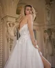 Shining Wedding Dresses Sheer Plunging Neckline Bridal Gowns Sequined Lace Appliqued Tulle Sweep Train Vestido De Novia