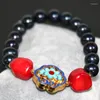 Strand modearmband för kvinnor naturliga 9-10 mm svarta pärlpärlor röda korall cloisonne elagant smycken 7.5 tum b2970