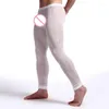 Calça de pijama de roupas de sono masculina para homens longos longos e translúcidos u translúcios u convex bolsa calcinha de roupa íntima apertada perneiras sedosas magras