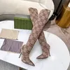 Çizmeler Lüks Tasarım Kadın Uzun Çizmeler Moda G Çiçekler Baskılı Elastik kumaş Diz Üstü Çizme Pist hacker projesi Aria örme Stiletto Yüksek