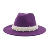 Bérets femmes chapeaux hiver large bord bande ceinture perle Panama Fedora formel blanc rose luxe feutré Sombreros De Mujer