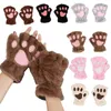 Cartoon Cat Claw Gloves for Women Girls Thickened Plush Lovely Style Bear Paw Exposed Fingers Half Finger Winter Warm Gloves