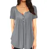 Women's T-Shirt Casual Short Sleeve Loose T Shirts Solid Color Button Pleated Tunic Tops v-neck female pullover tops summer clothes