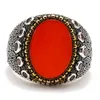 Cluster Anneaux Mode Vintage Argent Couleur Texture Rouge Ovale Pierre Anneau Pour Hommes Punk Personnalité Bijoux Cadeau